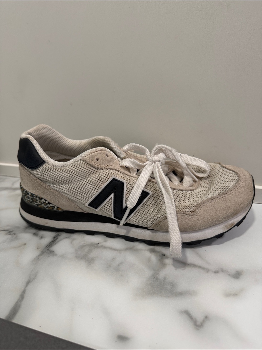 New Balance 515 Cream Black Sneakers Leopard Print Women’s Size 8.5